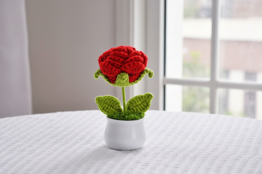Potted Crochet Rose Plant – Desk & Shelf Decor – Handcrafted Textile – Single Unit