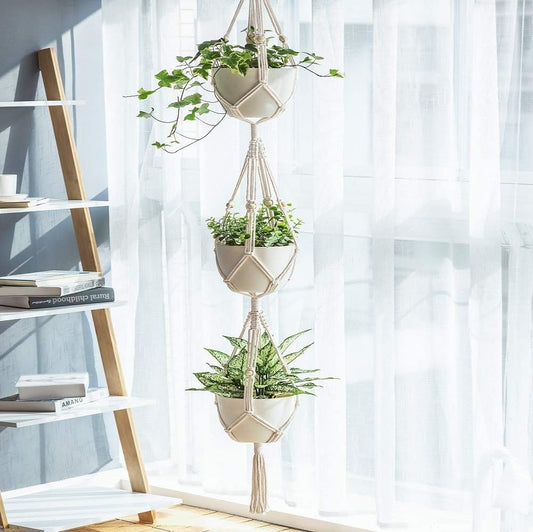 Cotton Vertical Hanging Planter - Macrame Weave – Triple Unit Set