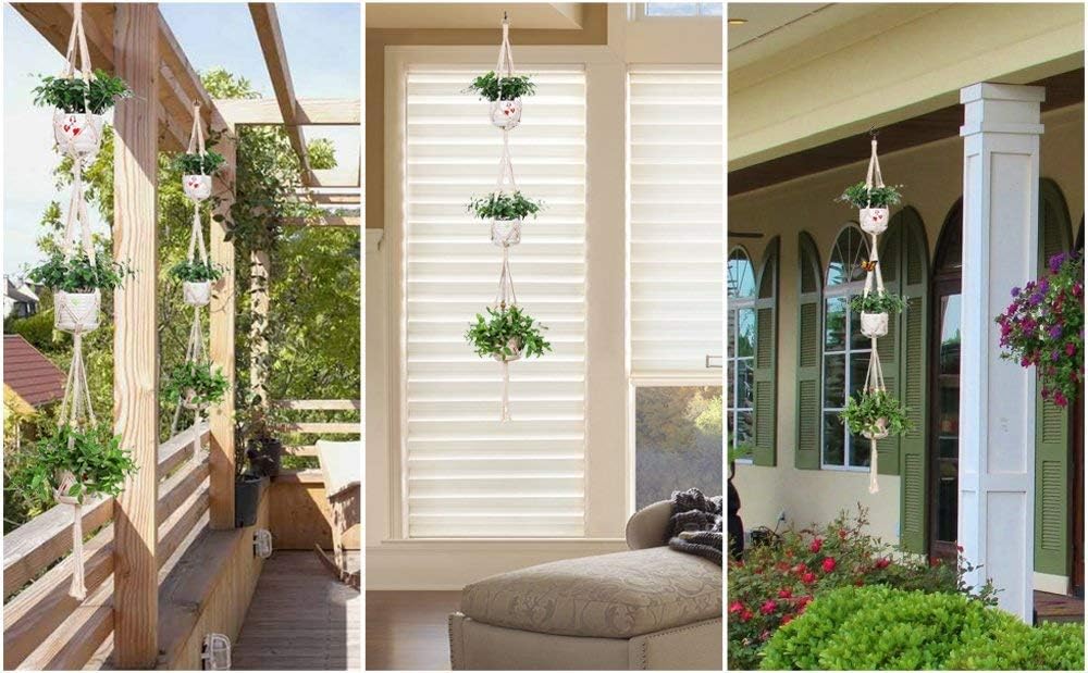 Cotton Vertical Hanging Planter - Macrame Weave – Triple Unit Set