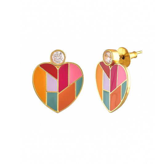 Mosaic Heart Drop Earrings – Handcrafted Brass Jewellery – Skin-Safe Finish – Retail Pair