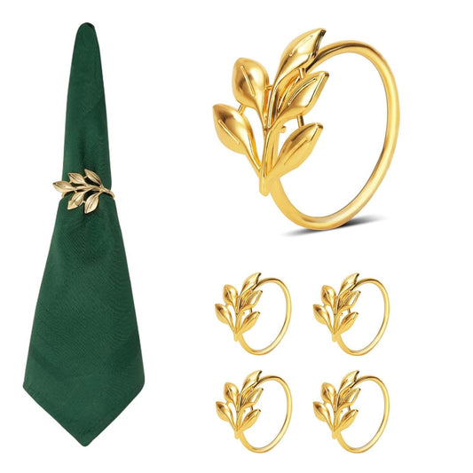 Golden Leaf Design Napkin Rings – Premium Table Setting Accessories – Durable Metal Construction – Set of 4