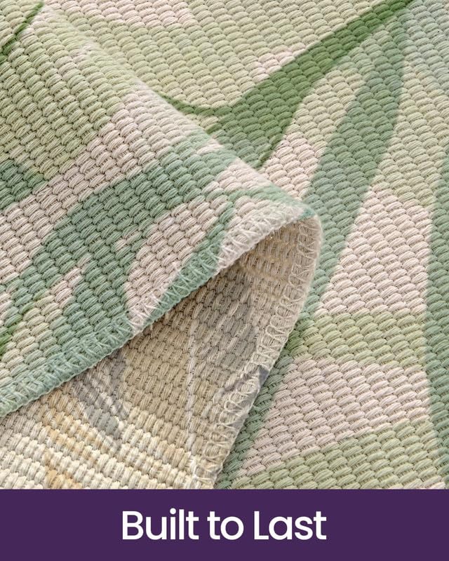 Hand Woven Printed 100% Cotton Washable Bedside Runner 2x5 ft | Green Palm Leaf Rug for Living Room, Bedroom, Kitchen