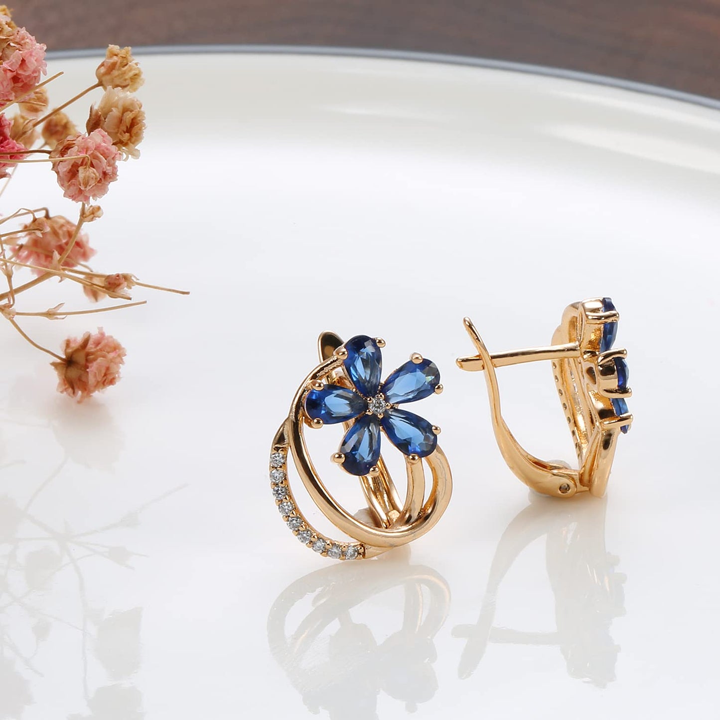 Blue Zircon Drop Earrings – Fashion Jewelry – 18k Rose Gold Plated Copper – 1 Pair