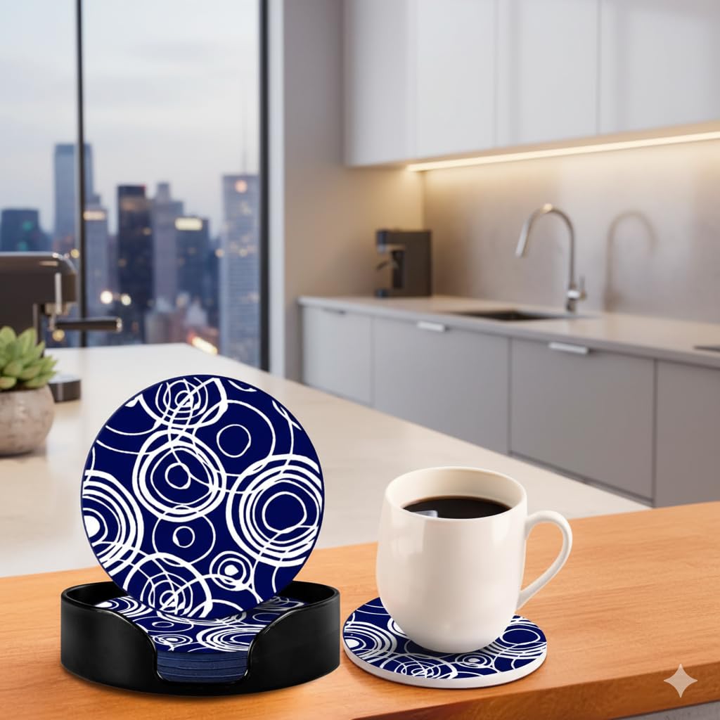 Navy White Silicone Coaster Set of 6 (10cm) with Holder | Dining Table Decor, Coffee Mugs, Glasses, Gifts for Women