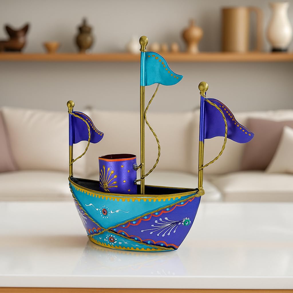 Handpainted Turkish Metal Ship Boat Naav Showpiece 26cm | Tabletop Home Decor, Office Desk Organiser, Gifts