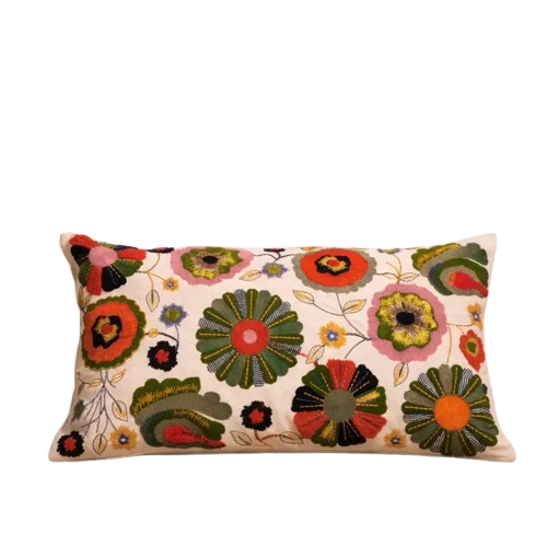 Floral Embroidered Cotton Cushion with Filler 35 × 60 cm