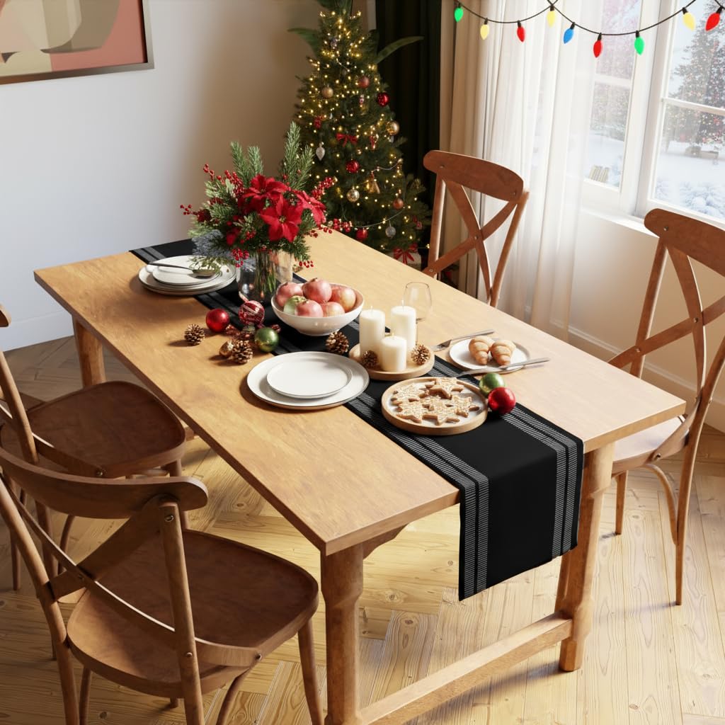 Modern Ladder Black Fine Ribbed Cotton Dining Table Runner 32x183 cm for 4-6 Seater | Machine Washable Kitchen Decor