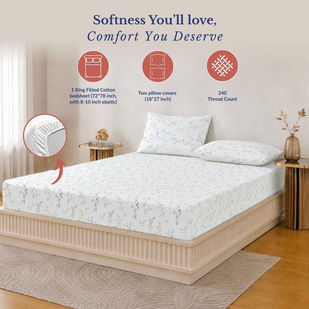Bedsheet | Pure Cotton Elastic Fitted | King Size 198cm x 182cm 3-Piece