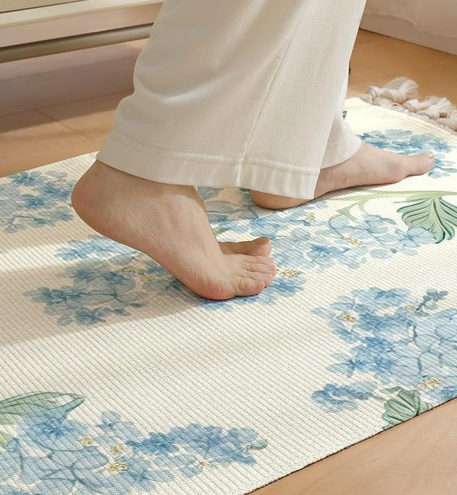 Modern Blossam Blue Floral Hand Woven Washable 100% Cotton Bedside Runner Rug 2x5 Feet | Living Room Bedroom Kitchen Carpet