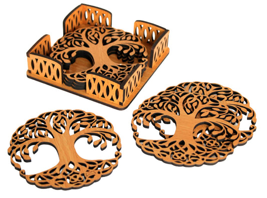 Tree of Life Wooden Coasters with Holder - Set of 6 (3.5") | Elegant Table Decor & Drinkware Gift