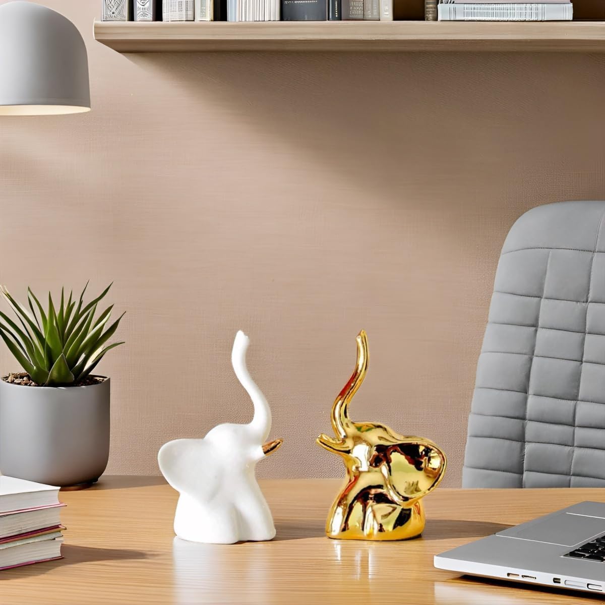 Modern Fengshui Ceramic Good Luck Decorative Elephant Statue Figurines Small (Set of 2) | Home Office Decor, Gift Items