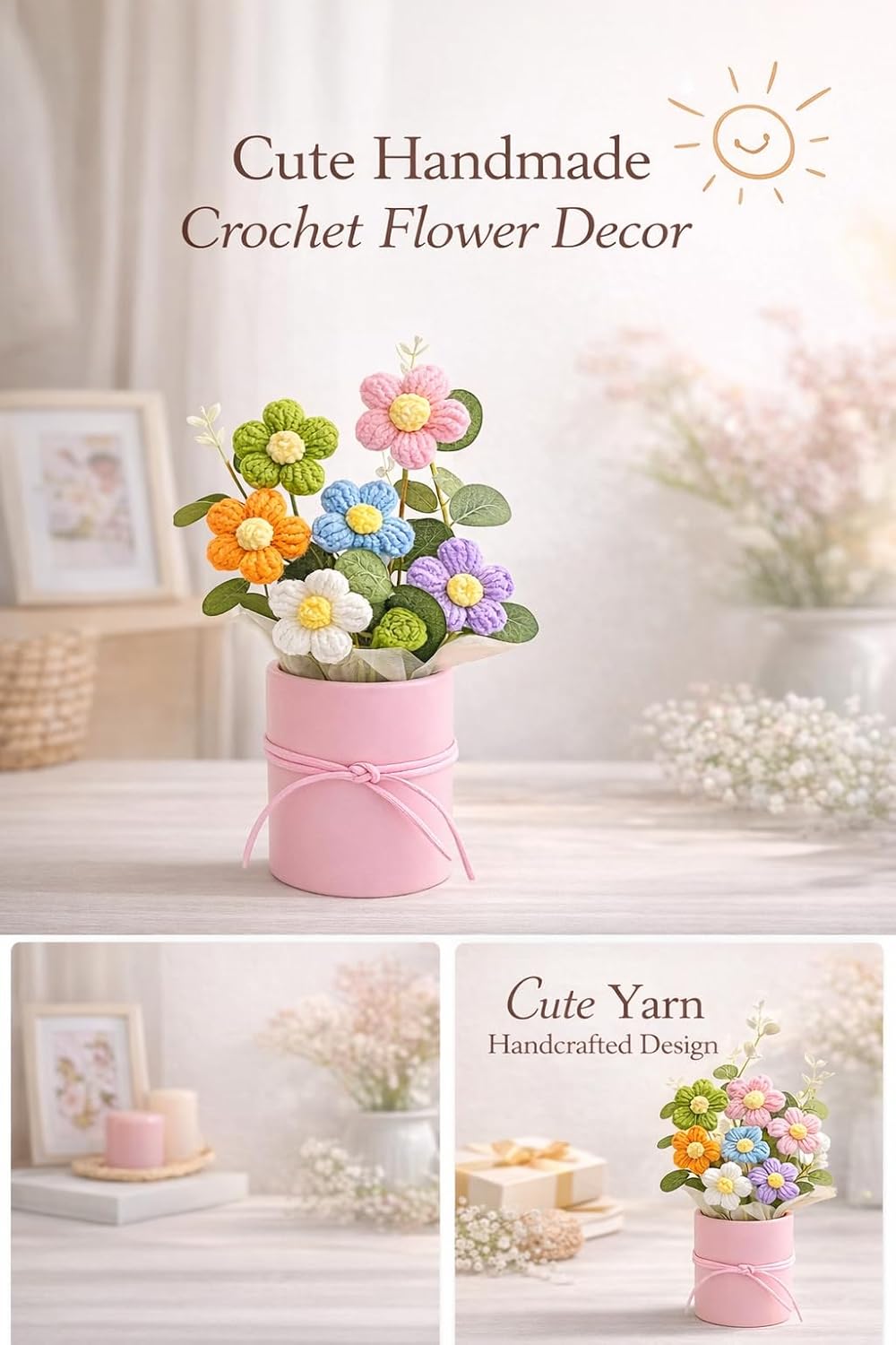 Artificial Floral Bouquet – Handcrafted Knitted Decor – Cotton Yarn – Single Unit