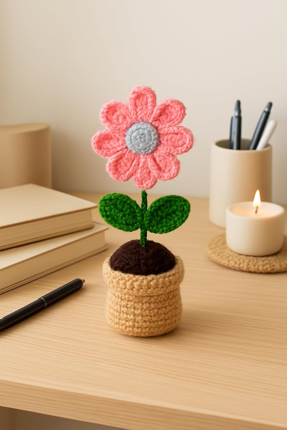 Crochet Daisy Pot – Artificial Plant Decor – Handmade Acrylic Knit – 18cm Tall