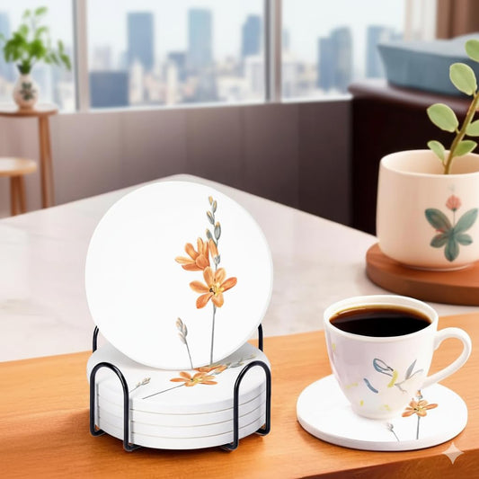 Floral White Water-Resistant Coaster Set 6-Pack (10cm Dia) | Dining Table Accessories, Home Decor, Gifts for Women