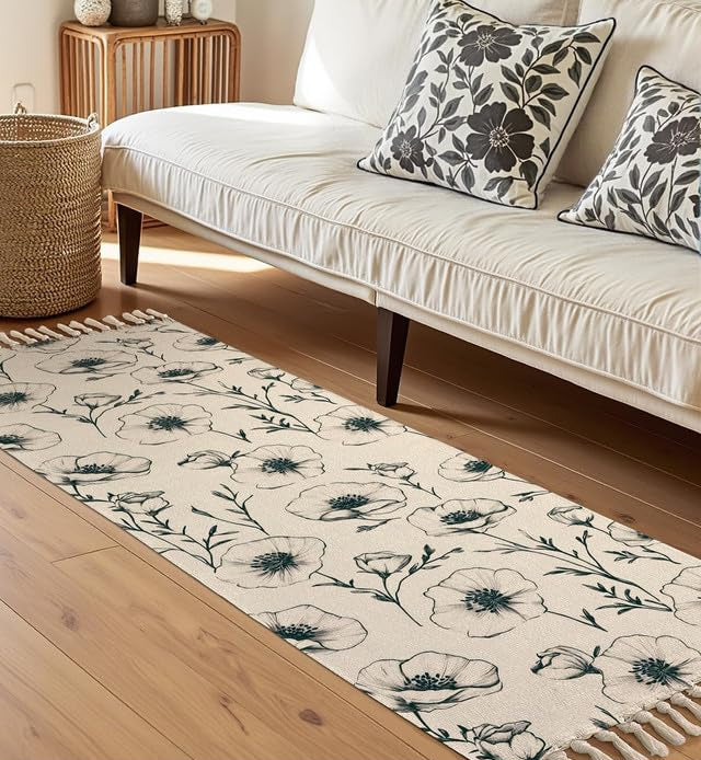 Modern Black Floral Hand Woven 100% Cotton Washable 2x5 ft Bedside Runner Rug | Living Room, Bedroom, Kitchen Carpet