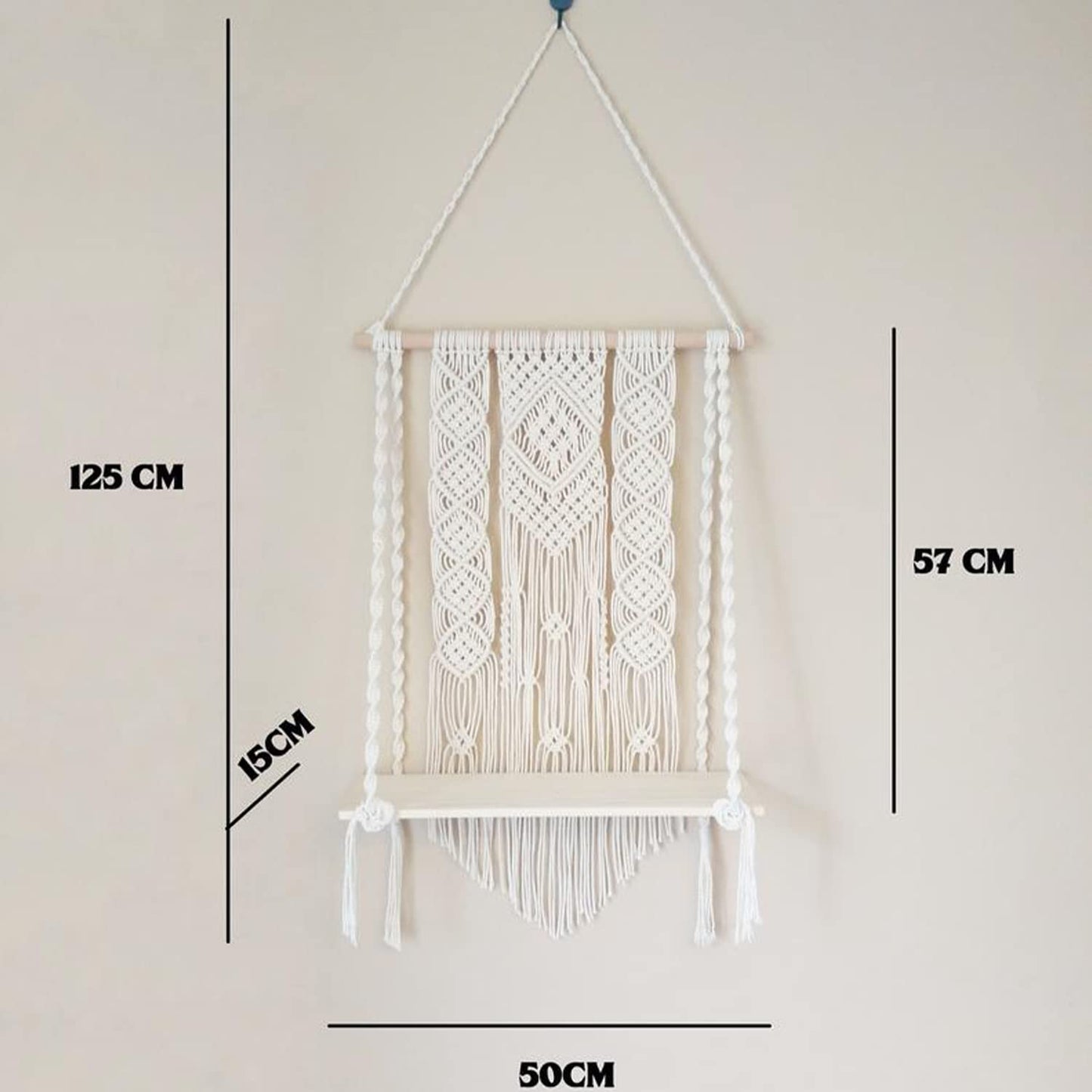 Hanging Wall Shelf – Hand-Knotted Cotton & Pine – 16x5x24 Inches
