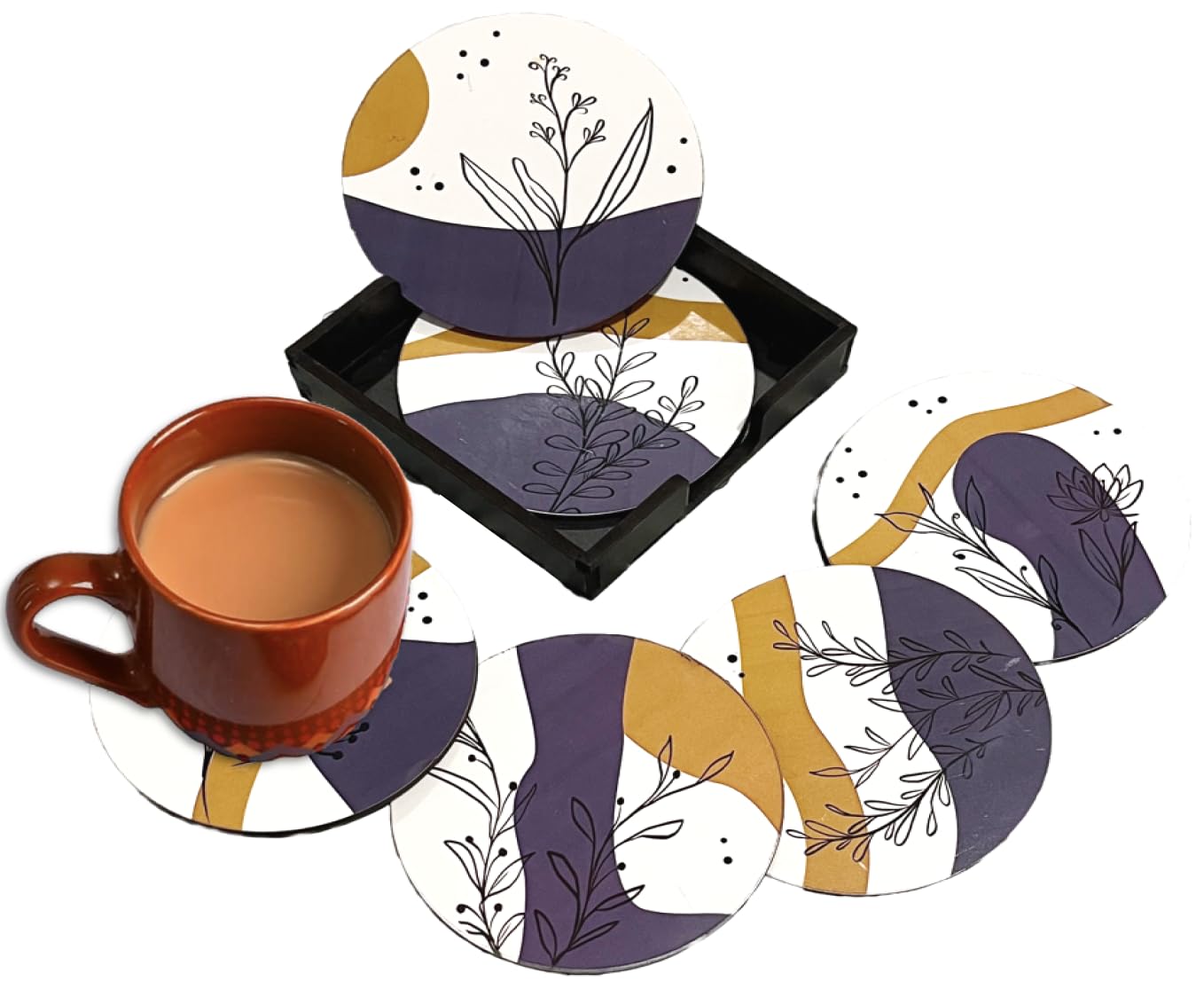 Orchid Design Tea Coasters Set of 6 with Stand | Elegant Home Decor, Diwali & Housewarming Gift