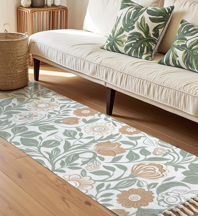 Hand Woven Printed 100% Cotton Washable Bedside Runner Carpet 2x5 Feet | Green Floral Rug for Living Room, Bedroom, Kitchen