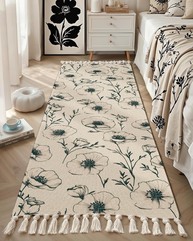 Modern Black Floral Hand Woven 100% Cotton Washable 2x5 ft Bedside Runner Rug | Living Room, Bedroom, Kitchen Carpet