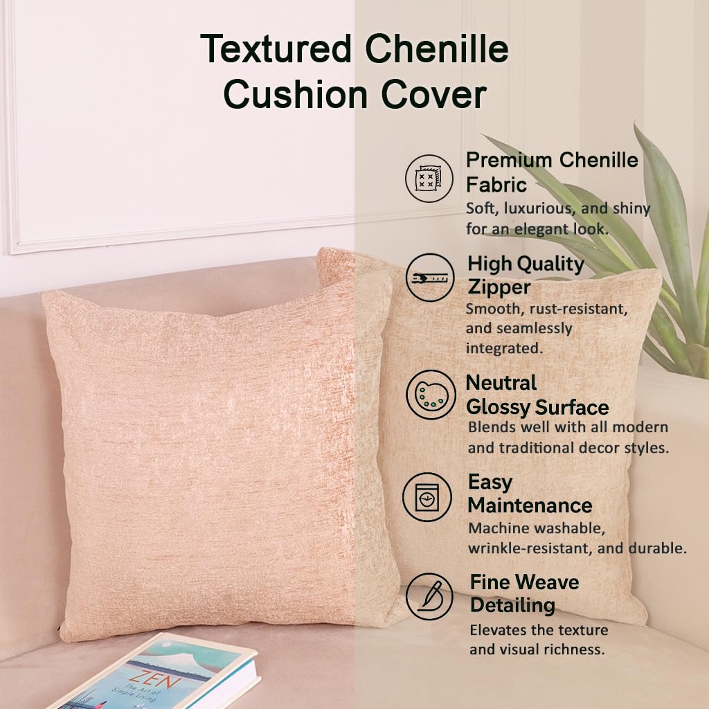 Beige Chenille Velvet-Feel Soft Cushion Covers 16x16 Set of 2 | Durable, Washable Sofa Couch Bed Living Room Decor