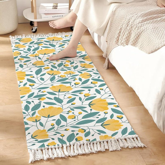 Modern Hand Woven Yellow Floral Printed 100% Cotton Washable Bedside Runner Rug 2x5 Feet | Living Room Bedroom Kitchen Carpet
