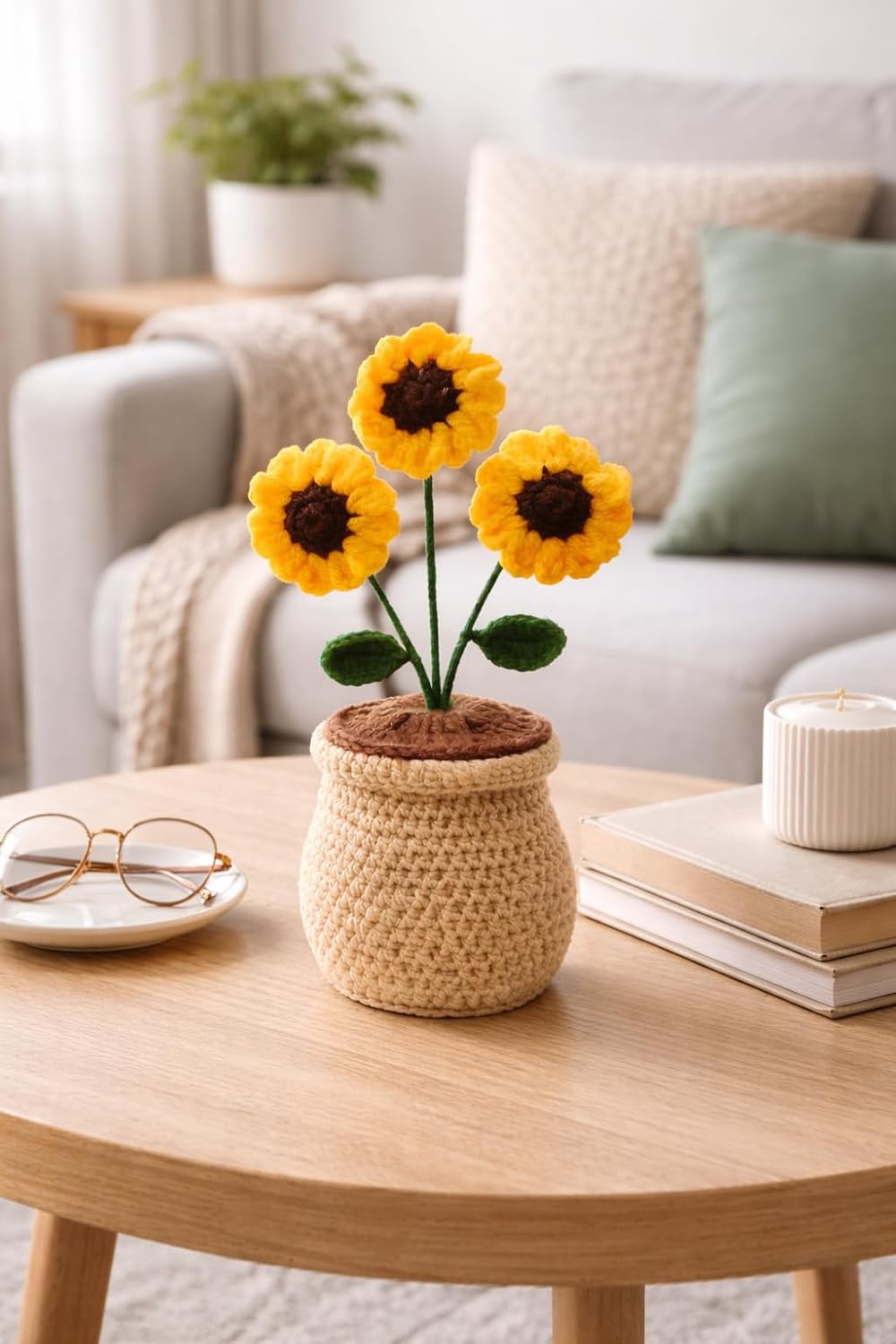 Handmade Crochet Sunflower – Artificial Potted Flower – Zero Maintenance Textile – Single Unit