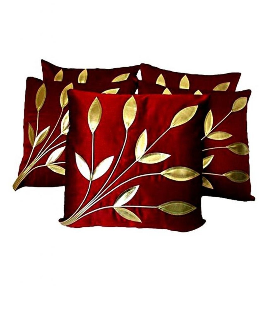 Maroon Silk Golden Floral Embroidered Cushion Covers 16x16 Inch Set of 5 | Decorative Pillow Cases for Sofa Couch
