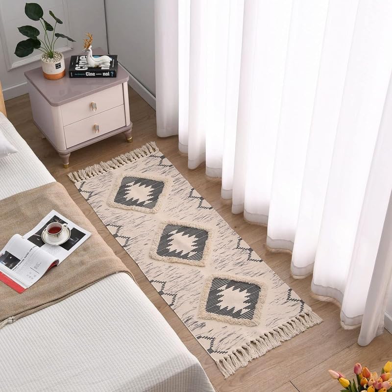 Modern Hand Woven 100% Cotton Washable Printed Bedside Runner Rug 2x5 Feet | Area Carpet for Living Room, Bedroom, Kitchen