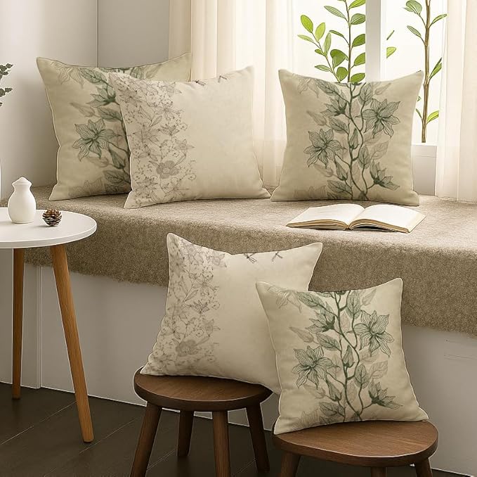Elegant Floral Botanical Polycotton Cushion Covers Set of 5, 18x18 Inch | Decorative Throw Pillow Covers for Sofa & Living Room Decor
