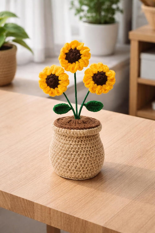 Handmade Crochet Sunflower – Artificial Potted Flower – Zero Maintenance Textile – Single Unit