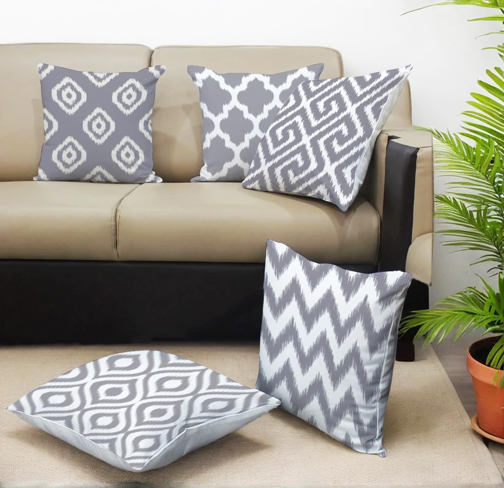 Elegant Grey & White Ikat Geometric Polycotton Cushion Covers Set of 5 (16x16) | Sofa & Living Room Decor, Throw Pillow Covers