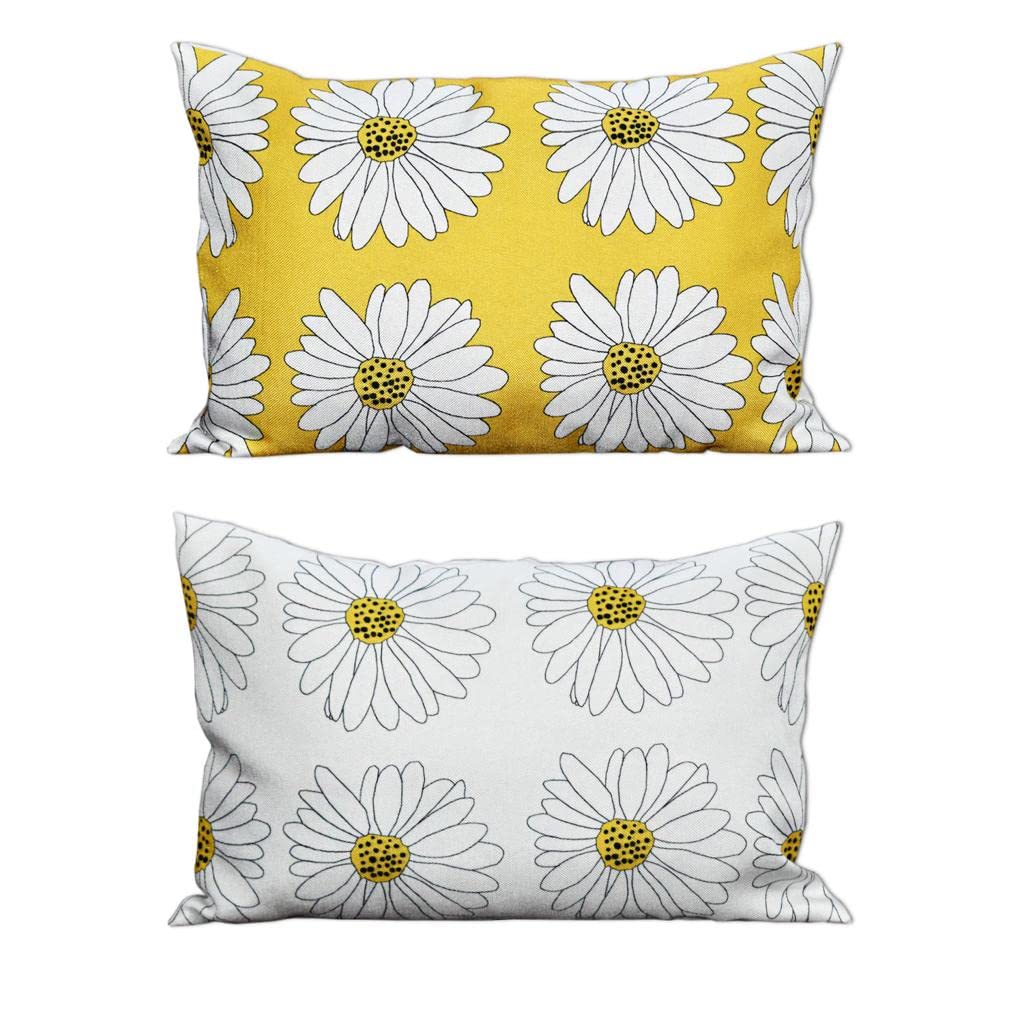Rustic Floral White Yellow Canvas Cushion Covers 12x18 Set of 2 | Decorative Sofa Throw Pillow Cases Home Decor