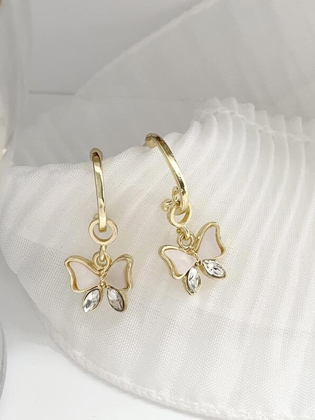 Butterfly Charm Huggie Hoop Drop Earrings – Fashion Jewellery – Gold Tone Alloy – Retail Pair