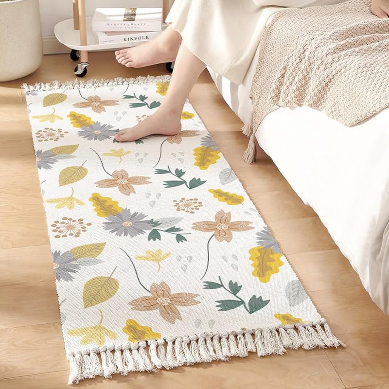 Modern Botanical Hand Woven Cotton Washable Bedside Runner Rug 2x5 Feet | Living Room, Bedroom, Kitchen Carpet