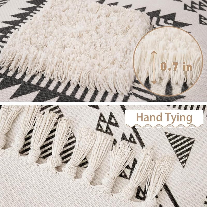 Printed Diamond Pattern Hand Woven 100% Cotton Washable Bedside Runner Rug 2x5 Feet | Living Room, Bedroom, Kitchen Carpet