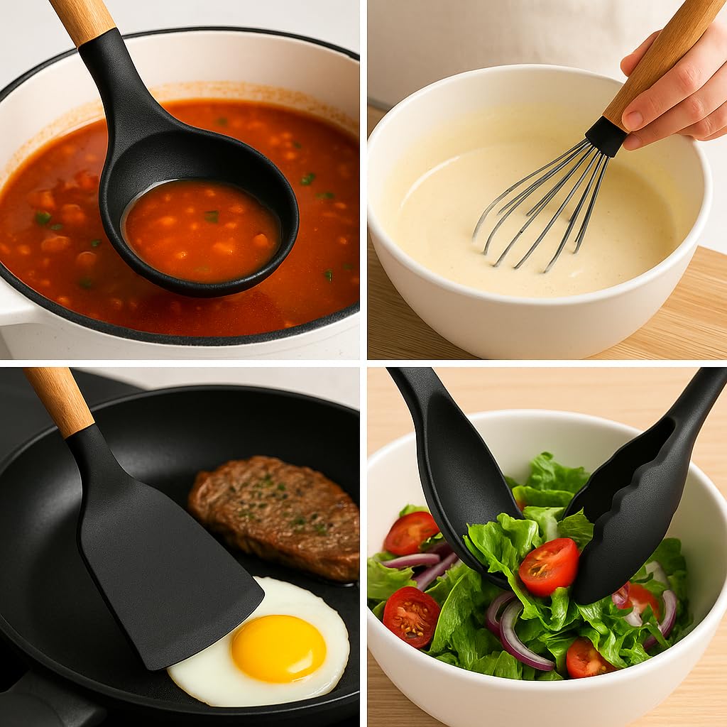Silicone Kitchen Utensil Set – Cooking & Baking Tools – Heat Resistant Silicone, Wooden Handle, Non-Stick Safe – 12-Piece