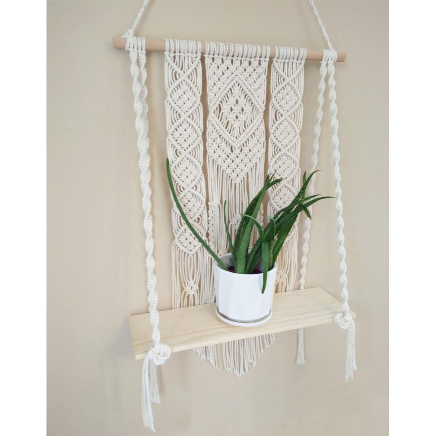 Hanging Wall Shelf – Hand-Knotted Cotton & Pine – 16x5x24 Inches