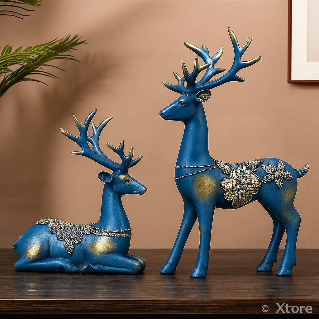 Creative Golden Resin Handcrafted Lifelike Reindeer Sculptures Figurines (Pack of 2, Blue) | Home Office Decor Gift