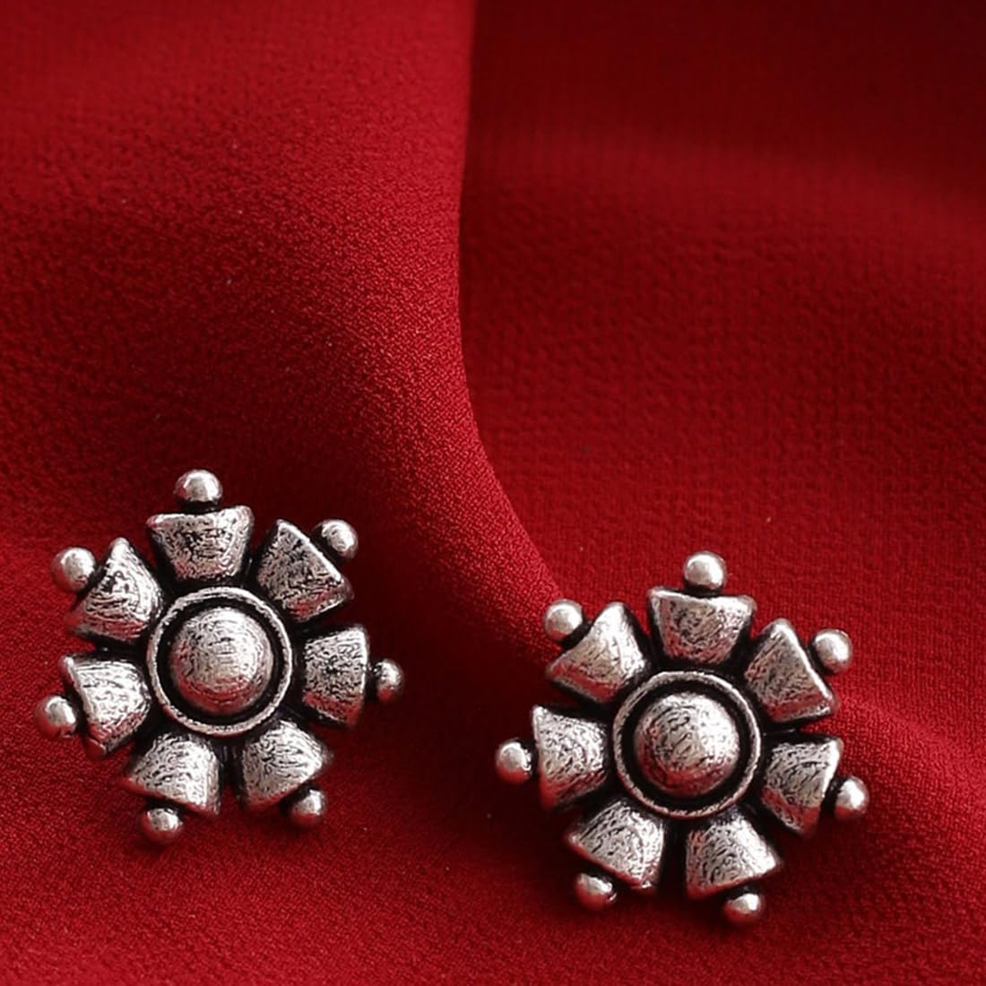 Floral Stud Earrings – Fashion Jewellery – Silver Brass, Anti-Tarnish Finish – Lightweight Design