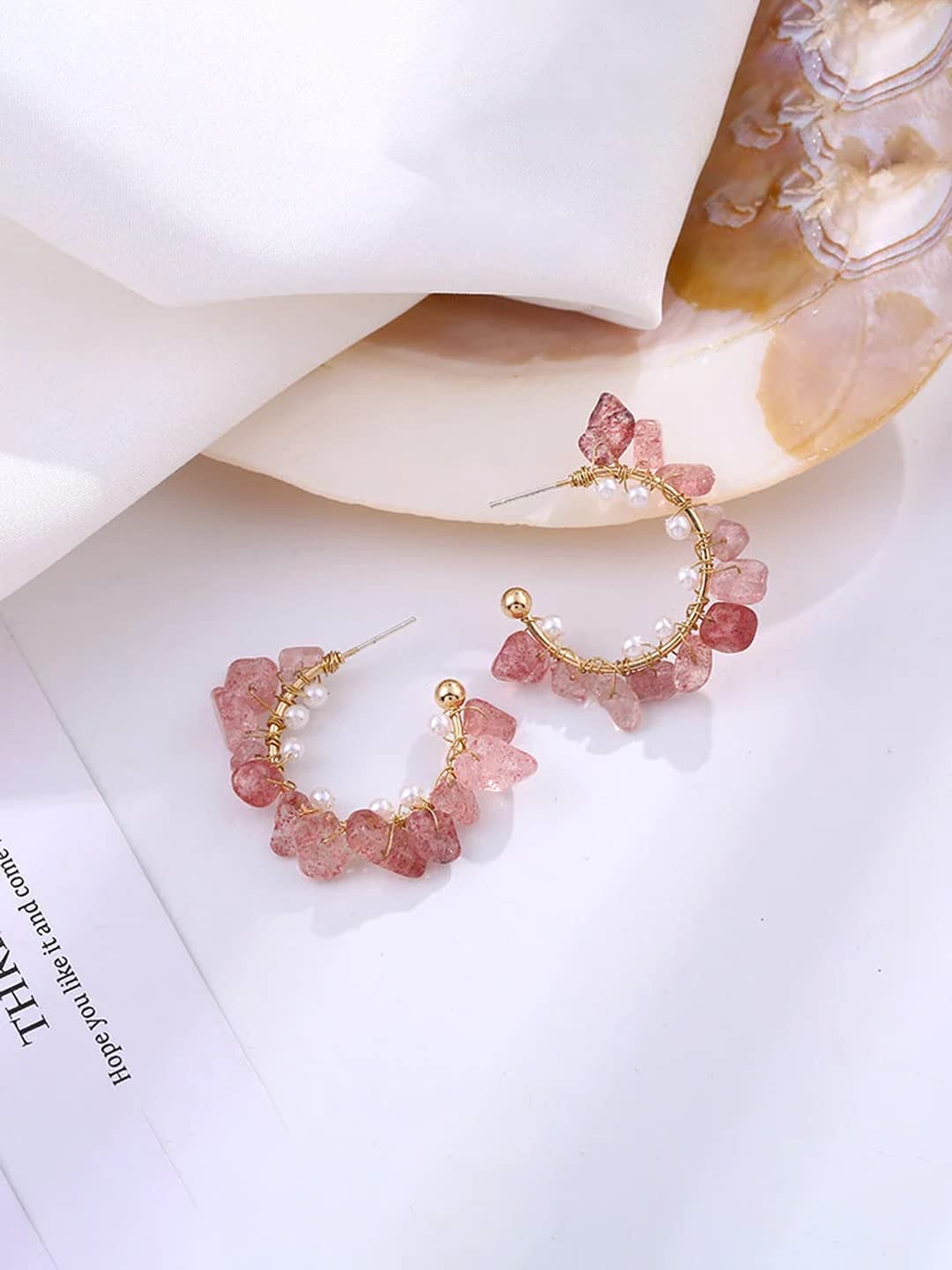 Stone Studded Hoop Earrings – Clip-On Earrings – Gold Tone Pink & White Stones – Pair