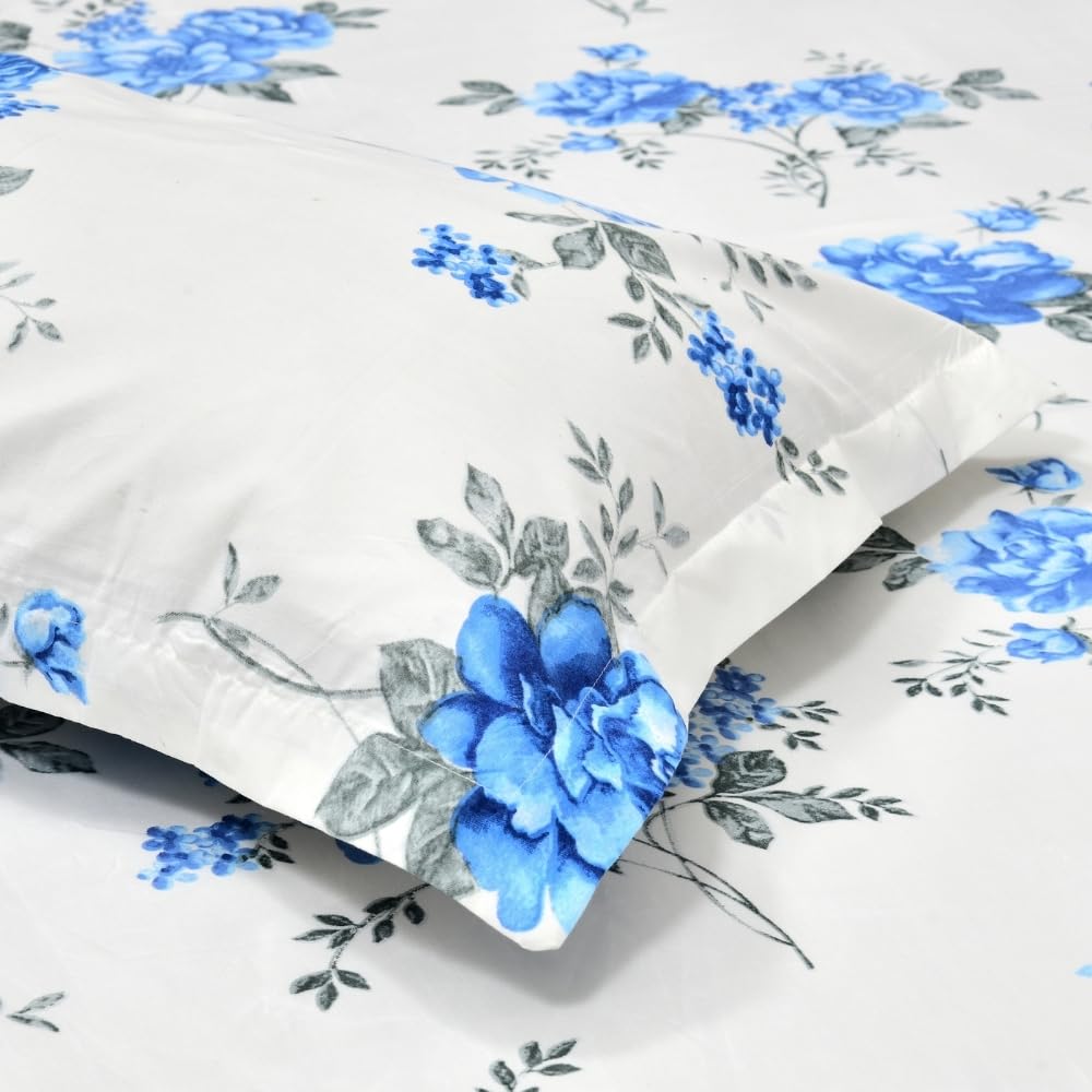 Double Bed Flat Sheet Set - Ultrasoft Cotton Floral Design - Queen Compatible | 2 Pillow Covers