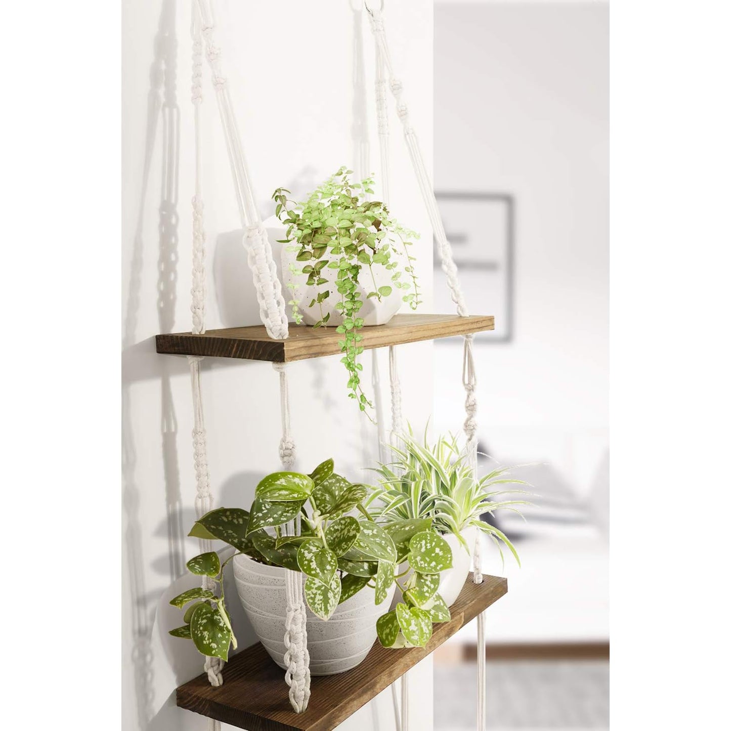 2 Tiered Wall Shelves – Torched Wood & Woven Rope