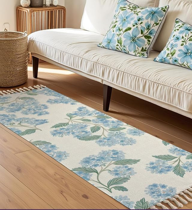 Modern Blossam Blue Floral Hand Woven Washable 100% Cotton Bedside Runner Rug 2x5 Feet | Living Room Bedroom Kitchen Carpet