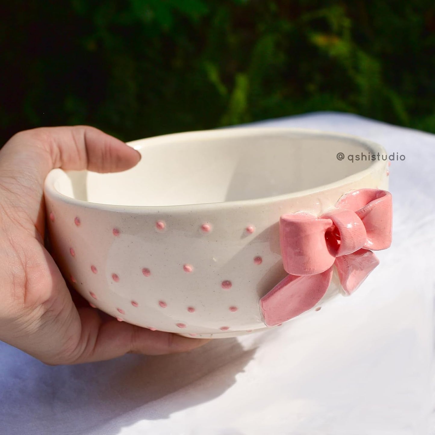 Ceramic Breakfast Bowl – Pink Bow Design – Handcrafted Pottery – 450 ml