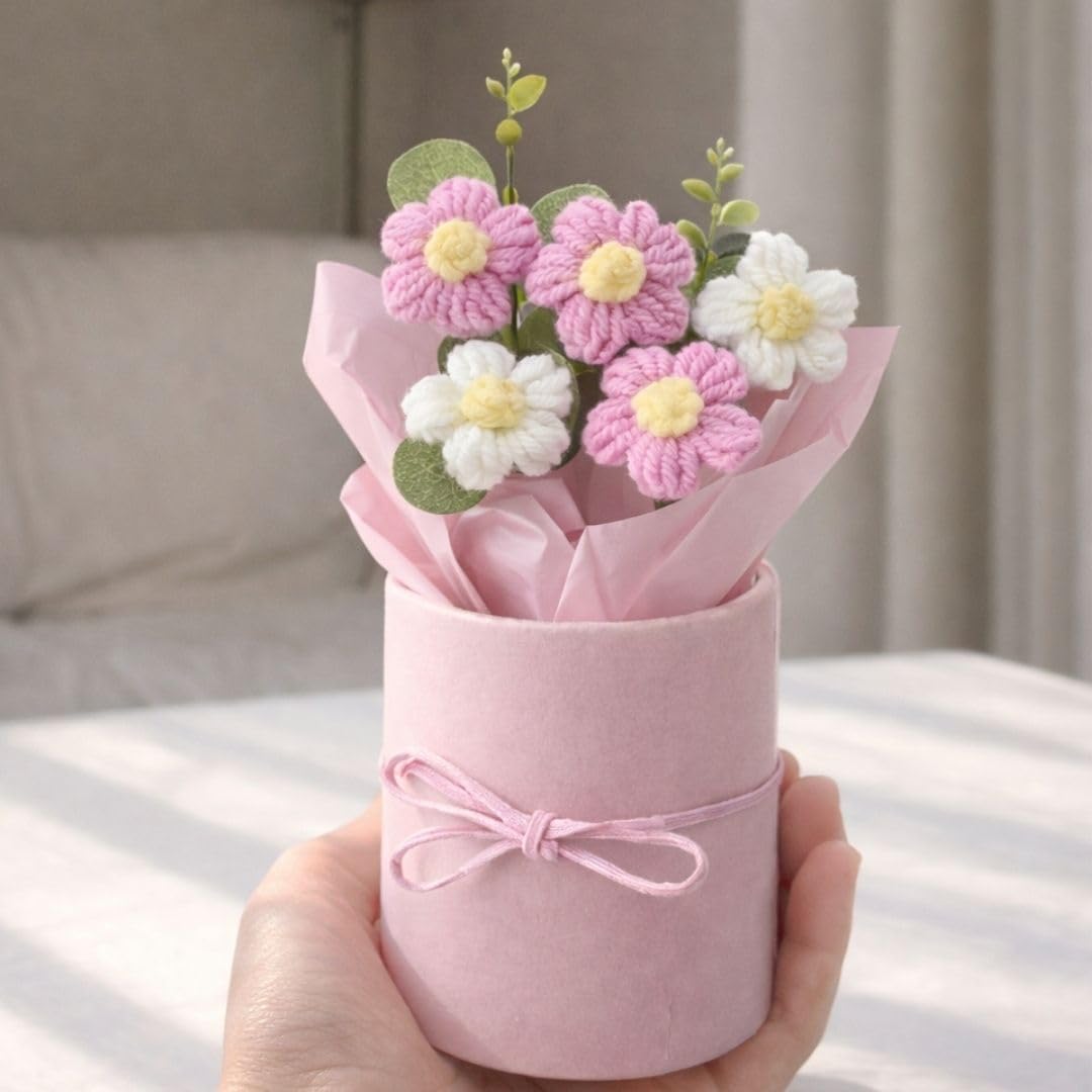 Hand-Knitted Floral Bouquet – Zero Maintenance Decor – Acrylic & Cotton Blend – Single Unit