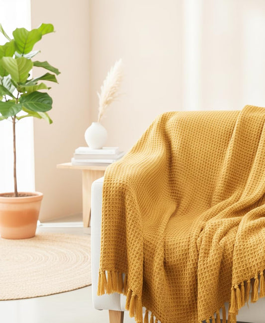 Waffle Knit Throw Blanket – Cotton All-Season – Tassel Accent – 127x152 cm