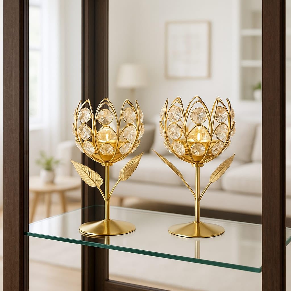 Ornate Gold Crystal Rose Lotus Tea Light Holder Set of 2 | Handcrafted K9 Votive Candle Stand for Home Decor, Diwali, Puja Gifts