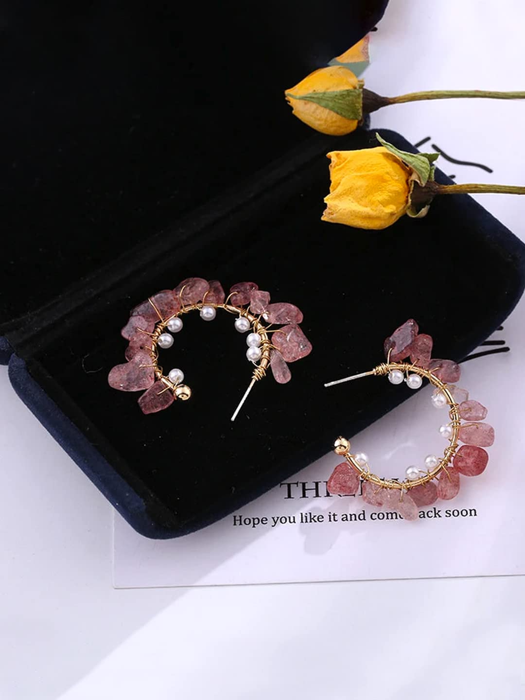 Stone Studded Hoop Earrings – Clip-On Earrings – Gold Tone Pink & White Stones – Pair