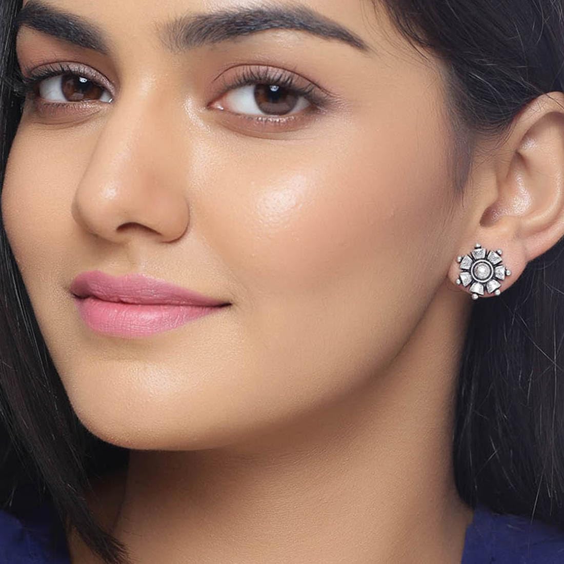 Floral Stud Earrings – Fashion Jewellery – Silver Brass, Anti-Tarnish Finish – Lightweight Design