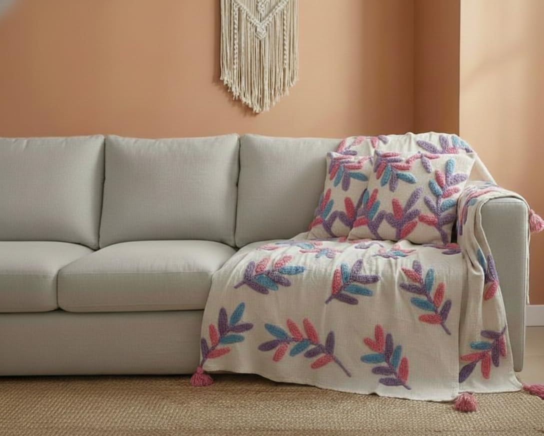 Sofa Throw & Cushion Cover Set – Home Textile Combo – Hand Tufted Cotton – 3-Piece: 50x60 Throw, 16x16 Covers